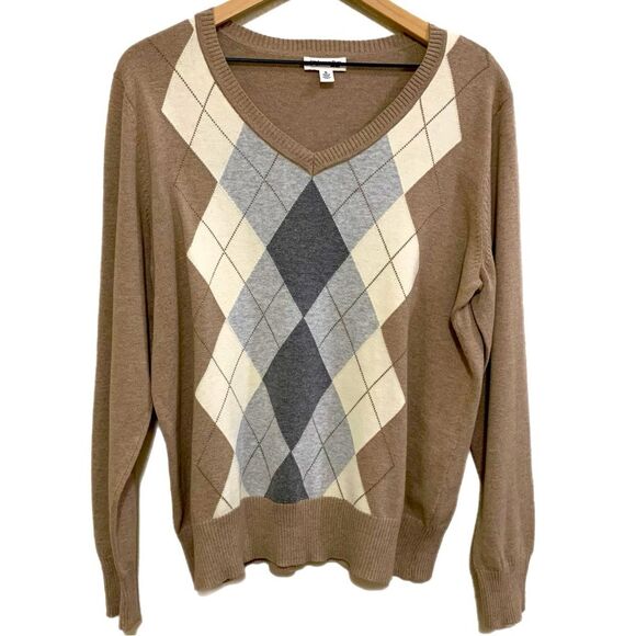 ST. JOHN’S BAY Argyle Sweater Women’s XL Tan White Gray 100% Cotton. - Picture 1 of 12